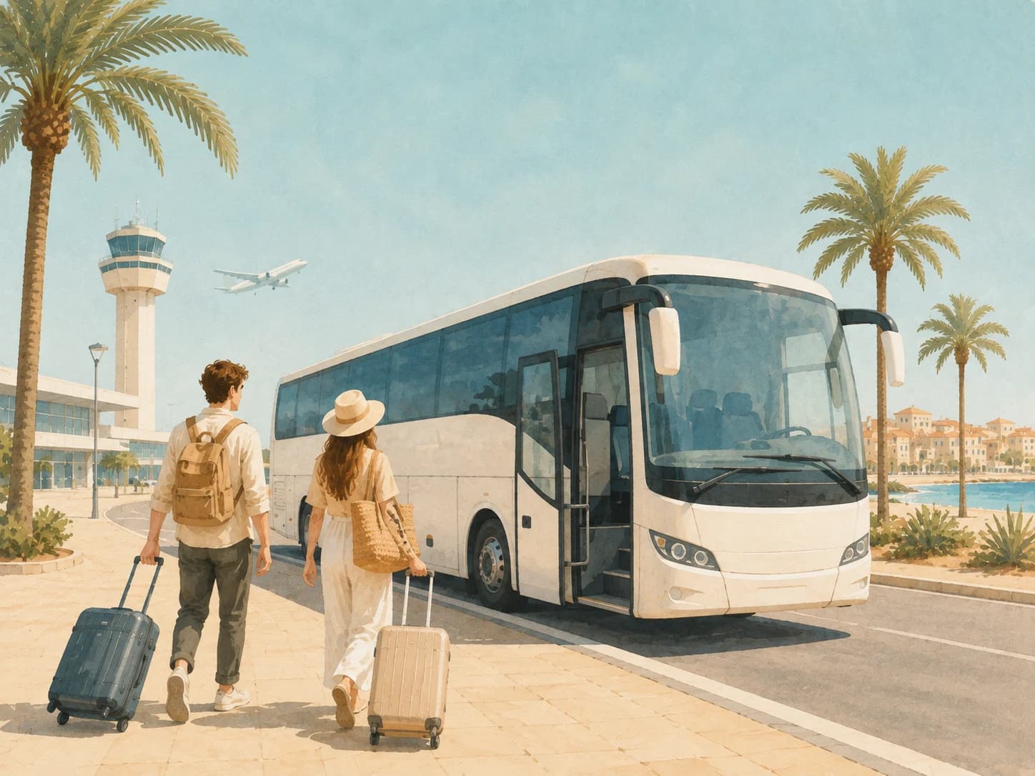 Stilisierte Illustration einer Anreise vom Flughafen Alicante nach Torrevieja mit Reisebus