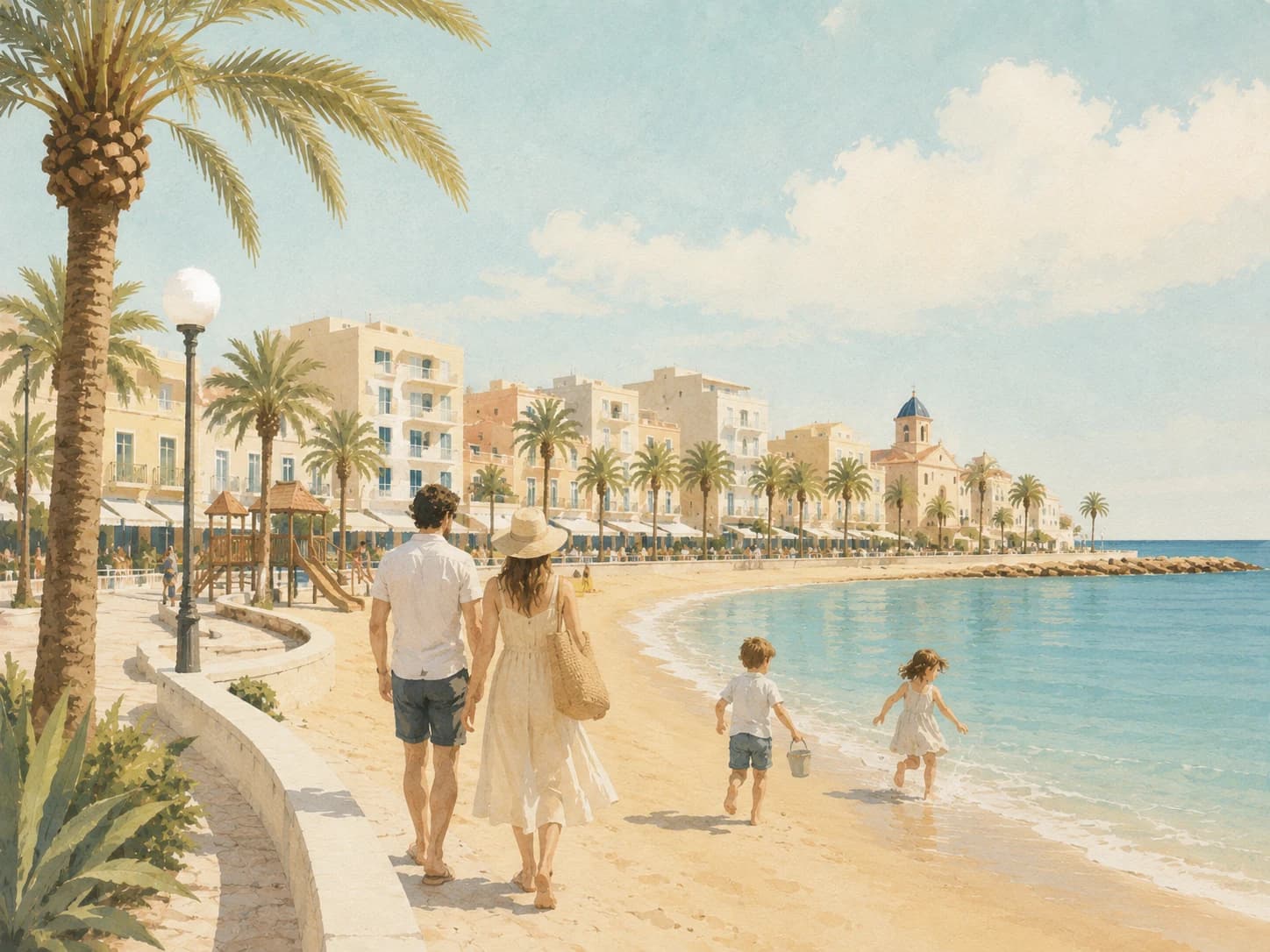 Stilisierte Illustration eines entspannten Familientags am Meer in Torrevieja